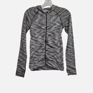 Athleta XS Womens Hooded Zip-Up Jacket Grey & Black Striped Thumbholes 4054
